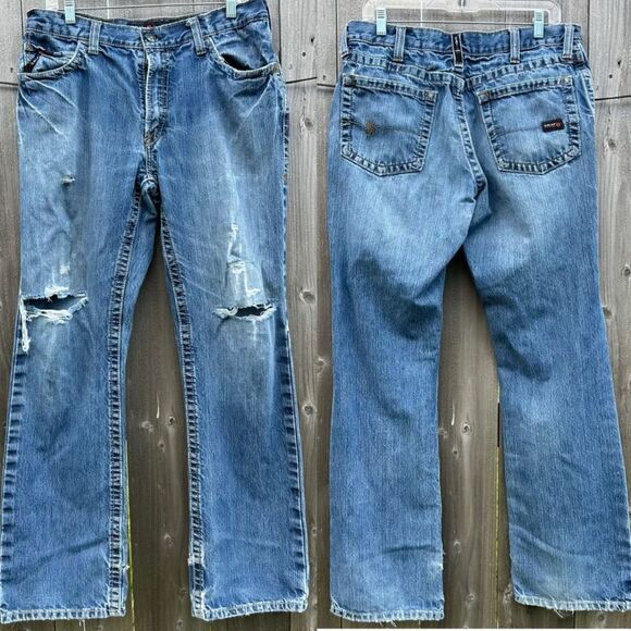 Ariat FR Relaxed Boot Cut Ripped Raw Hem Distressed  Jeans Men Sz 34 X 34 - Picture 1 of 11